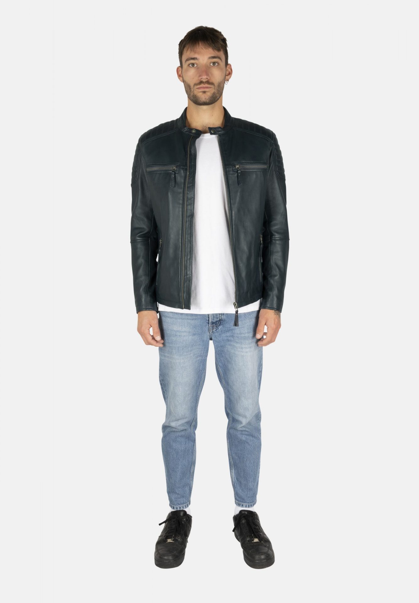 S-W STRIPES C-BLUE LEATHER JACKET – LEATHER HYPE