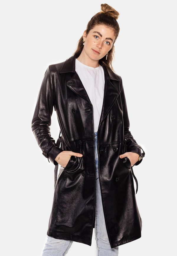 Skyler black long leather coat